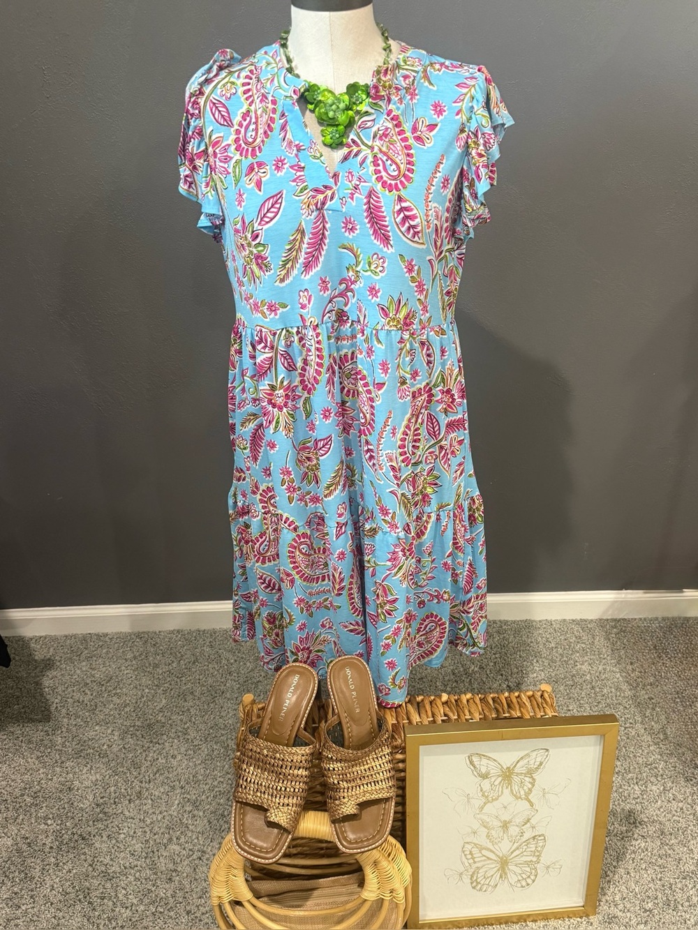 Light Blue Paisley V-Neck Tiered Mini Dress